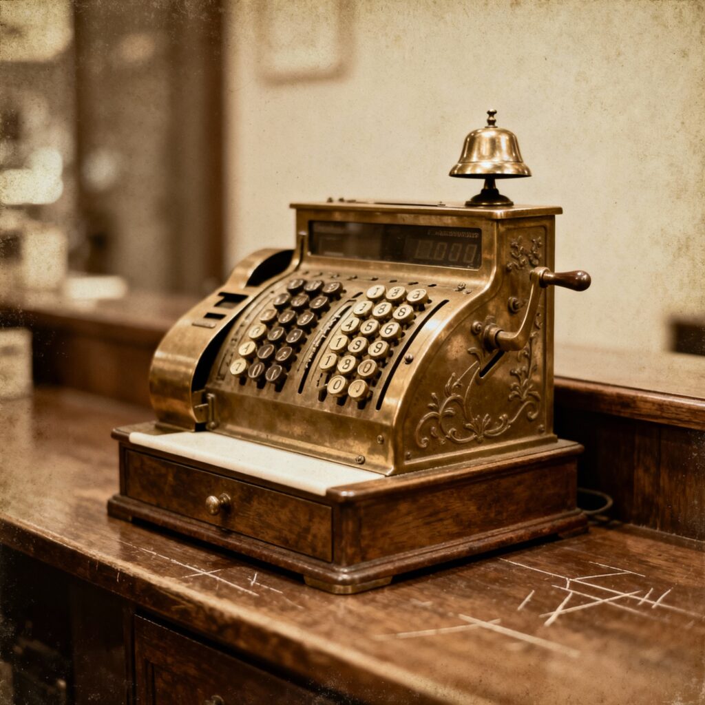 A nostalgic, vintage photo of an old-fashioned mechanical cash register with the bell ringing.