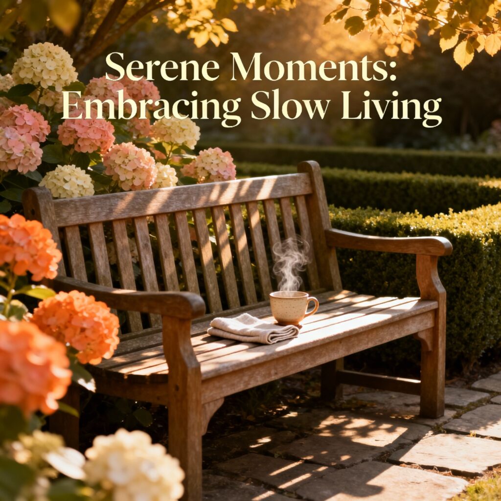 A serene outdoor setting like a quiet garden or park bench, emphasizing the luxury of slow time.