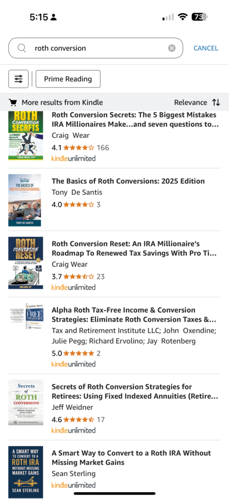 Kindle search screenshot showing book “A Smarter Way to Convert Your Roth IRA Without Missing Market Gains” ranked #6 for "roth conversion".