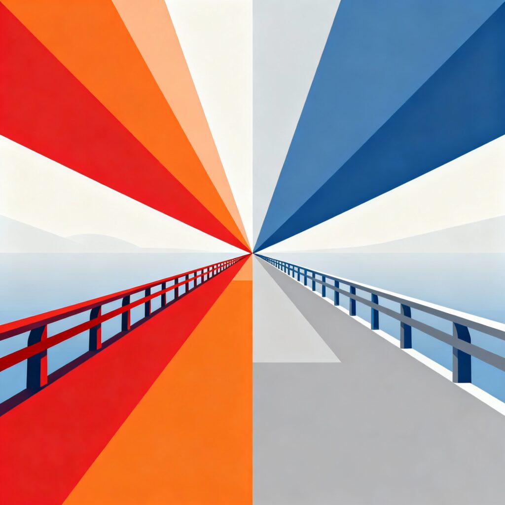 A modern, minimalist depiction of two paths or bridges converging—one vibrant and dynamic, the other calm and steady—representing the middle investing path.
