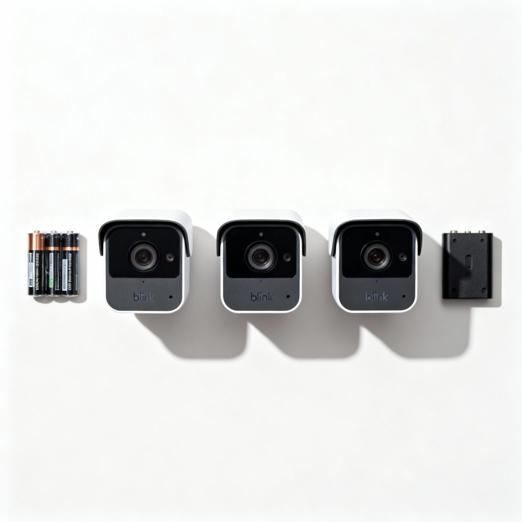 A minimalist flat lay featuring Blink Outdoor cameras alongside different battery packs.