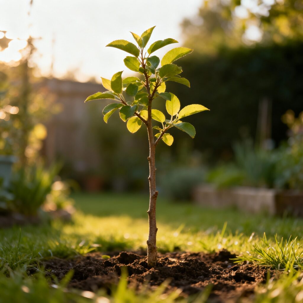A serene photo of a young tree or sapling growing slowly in a garden, symbolizing steady growth and patience.