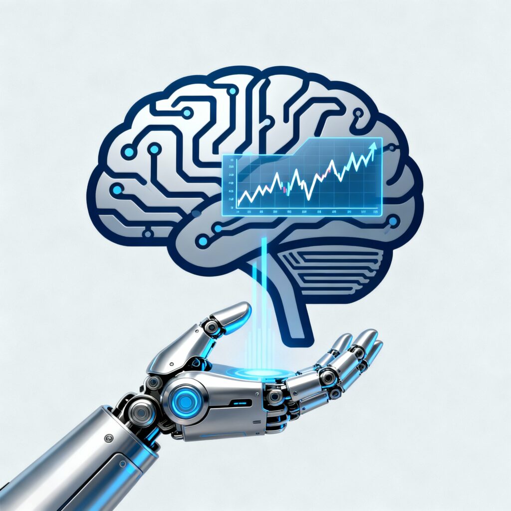 A symbolic image blending human brain icons with AI elements or robotic hands holding stock charts, emphasizing the human-AI collaboration.