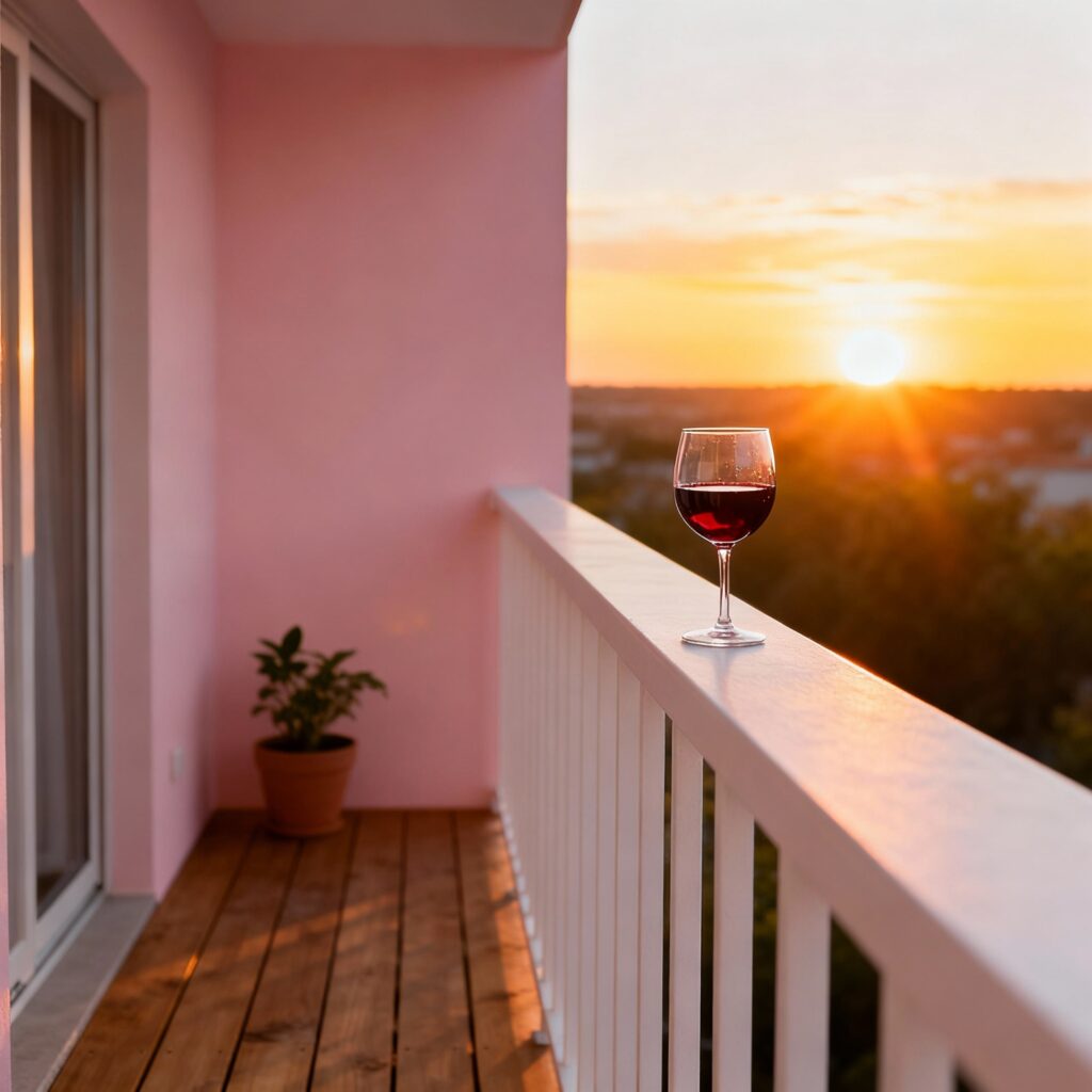 A peaceful, relaxed scene like a balcony with a glass of wine overlooking a sunset, symbolizing enjoying life’s simple luxuries.