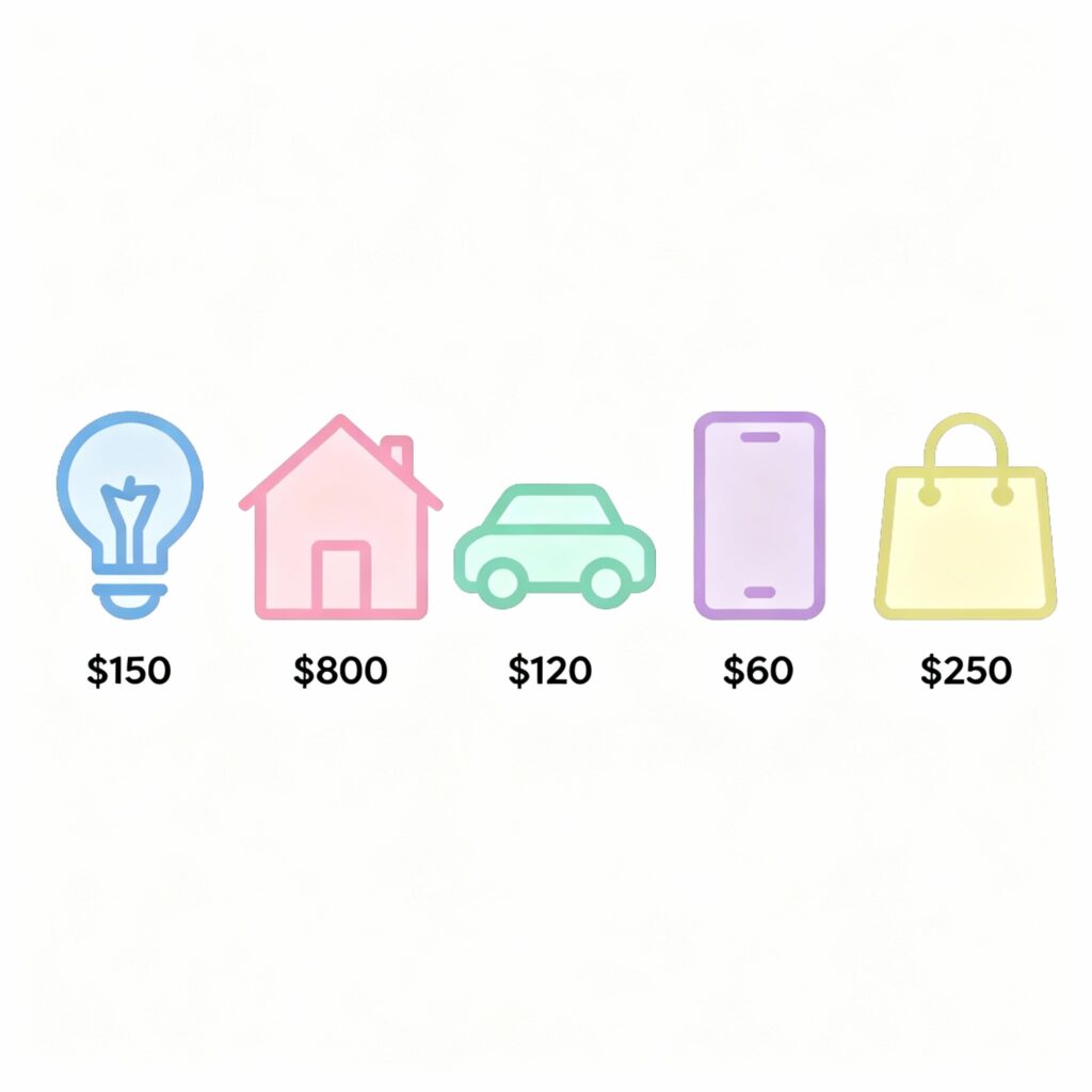 An infographic-style image illustrating rising costs with simple icons like electricity, rent, insurance.