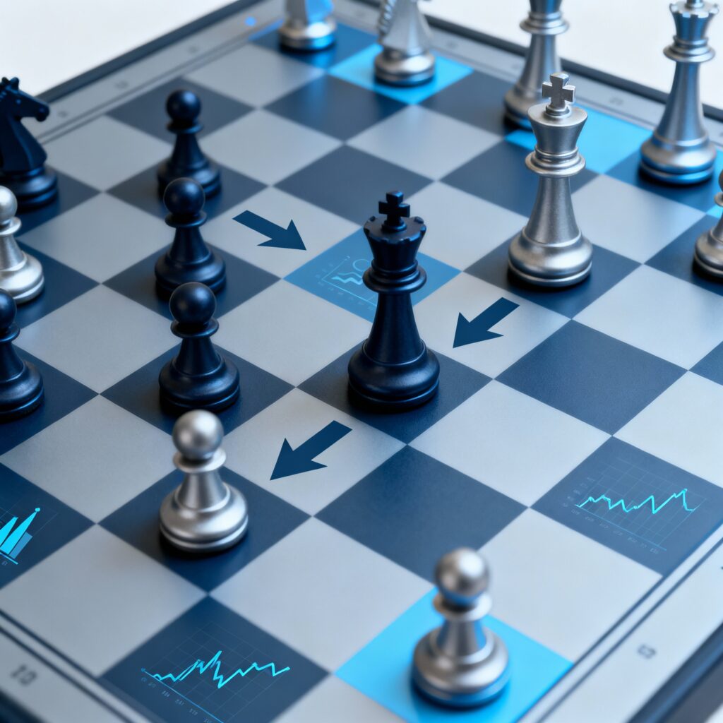 A symbolic image of a tactical playbook or chessboard with pieces representing strategic moves and risk management in investing.