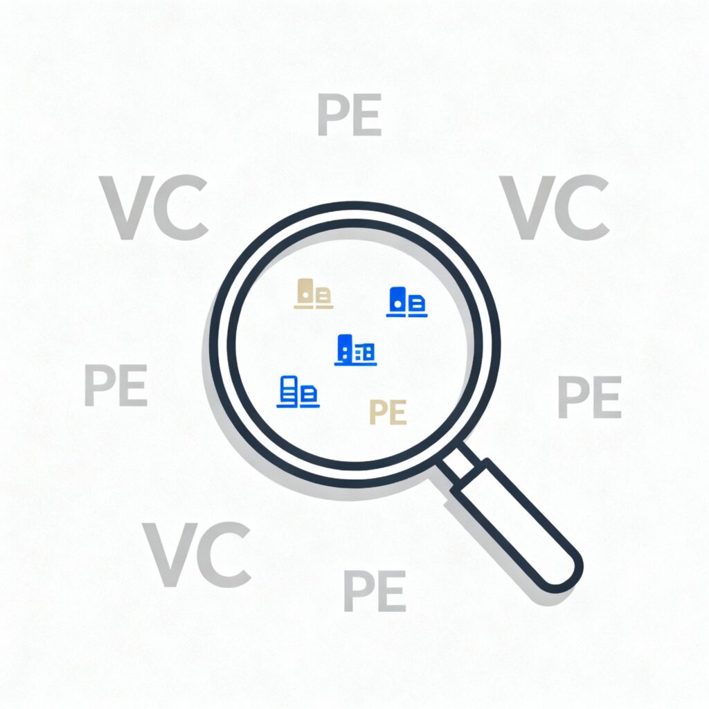 A modern, minimalist image of a magnifying glass focusing on micro or small companies with private market signals around.
