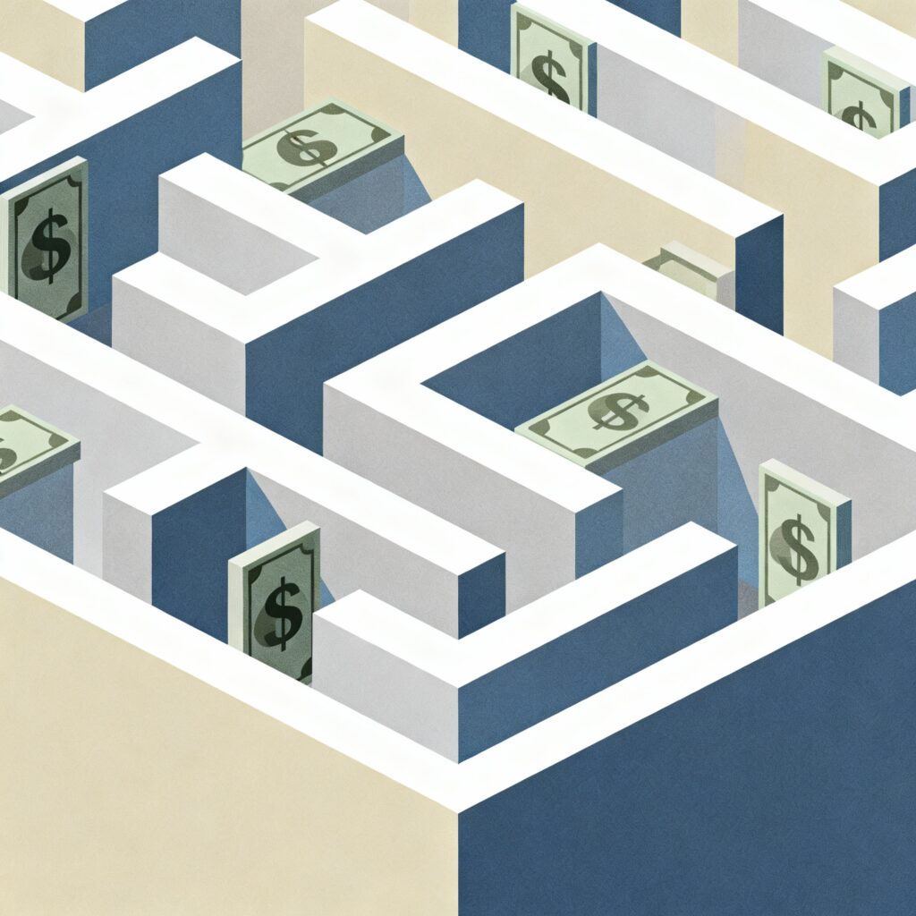An abstract image showing a maze or trap with money symbols, representing the complexity and potential pitfalls of financial shortcuts.