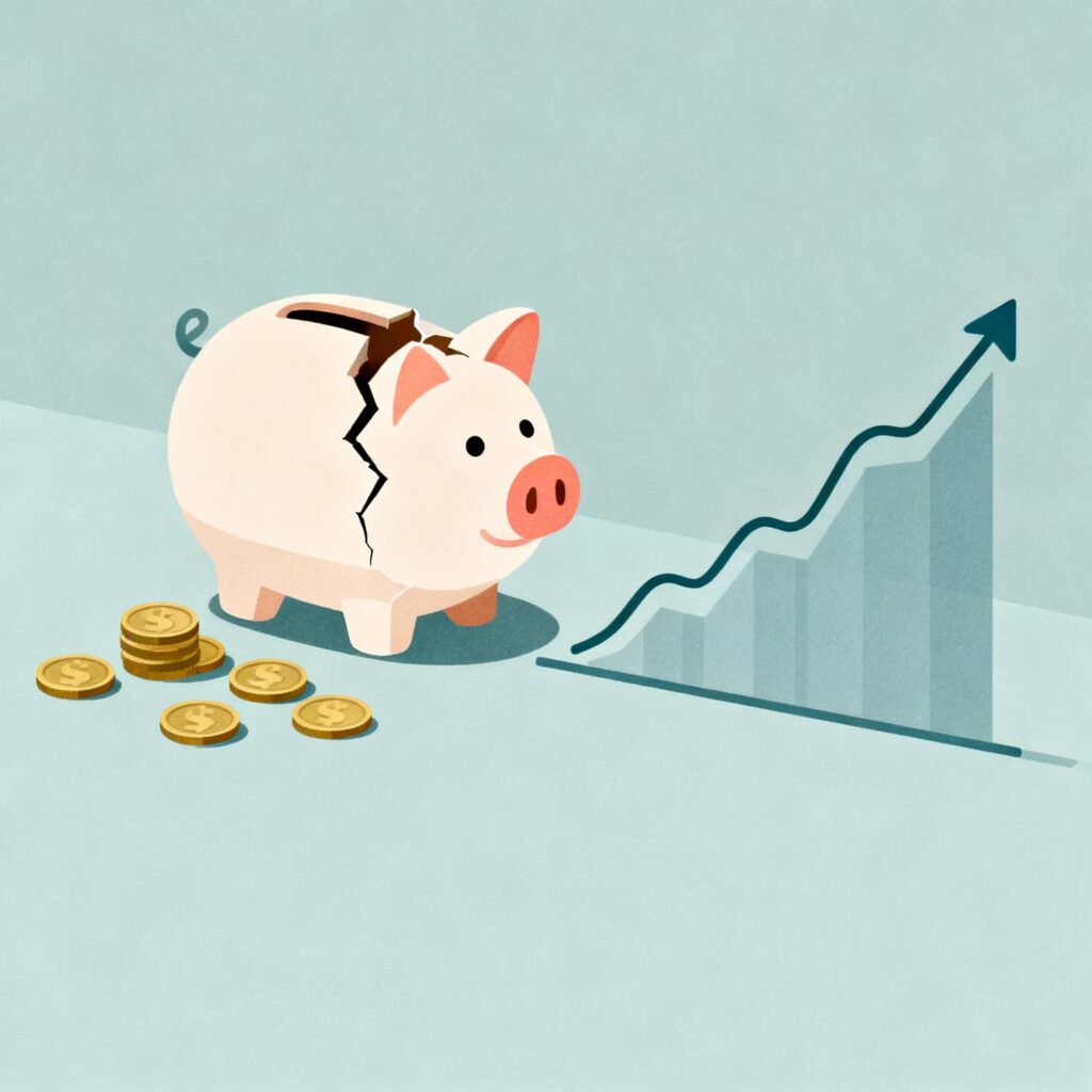 A minimalistic illustration of a broken piggy bank next to a steady growing investment graph to emphasize risk and reward.