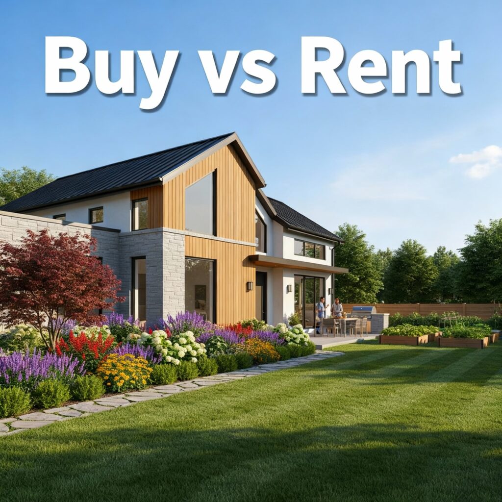 Modern suburban house with a garden under a sunny sky, with the title 'Buy vs Rent' displayed above the house, representing homeownership versus renting decisions in the Bay Area housing market.
