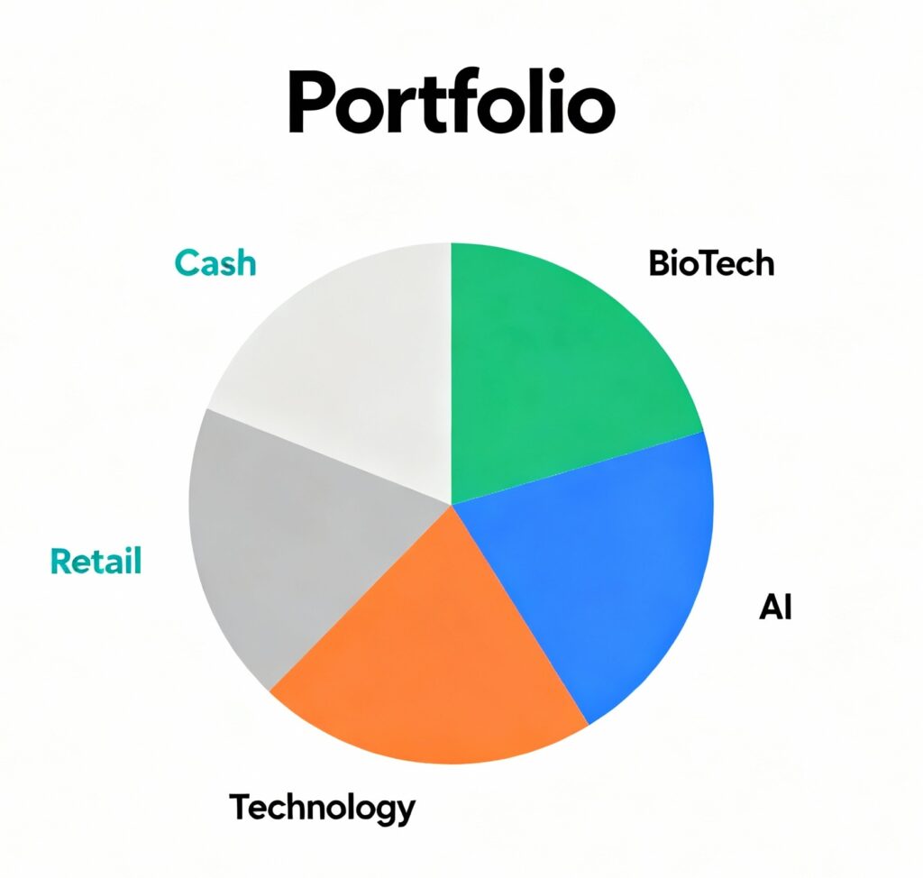 "Minimalist pie chart infographic titled 'Portfolio' showing sector allocation with labeled segments for BioTech, AI, Technology, Retail, and Cash in distinct colors.