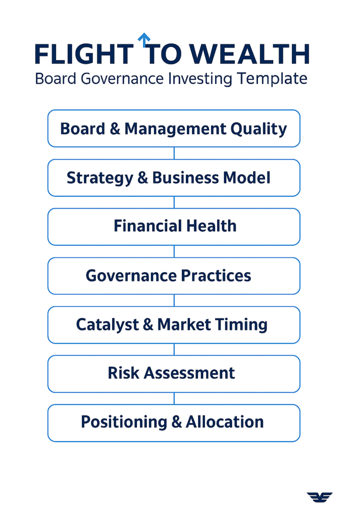 Infographic titled 'Flight to Wealth' showing categories of a Board Governance Investing Template. Categories listed vertically: Board & Management Quality, Strategy & Business Model, Financial Health, Governance Practices, Catalyst & Market Timing, Risk Assessment, Positioning & Allocation. Clean design with clear font for easy reading in a blog post.
