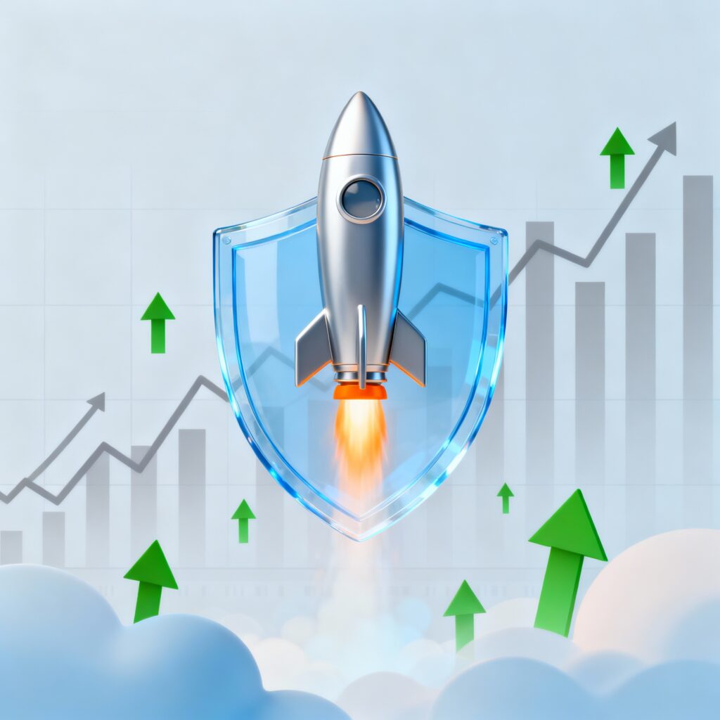 Modern financial-themed graphic of a rocket launching upward symbolizing moonshot investing, with stock charts, upward arrows, and a shield representing risk management, in blue and green tones.