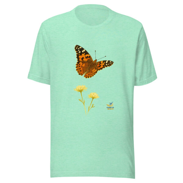 Heather Mint Bella + Canvas 3001 unisex staple t-shirt featuring the Metamorph Butterfly Shield design on the front.