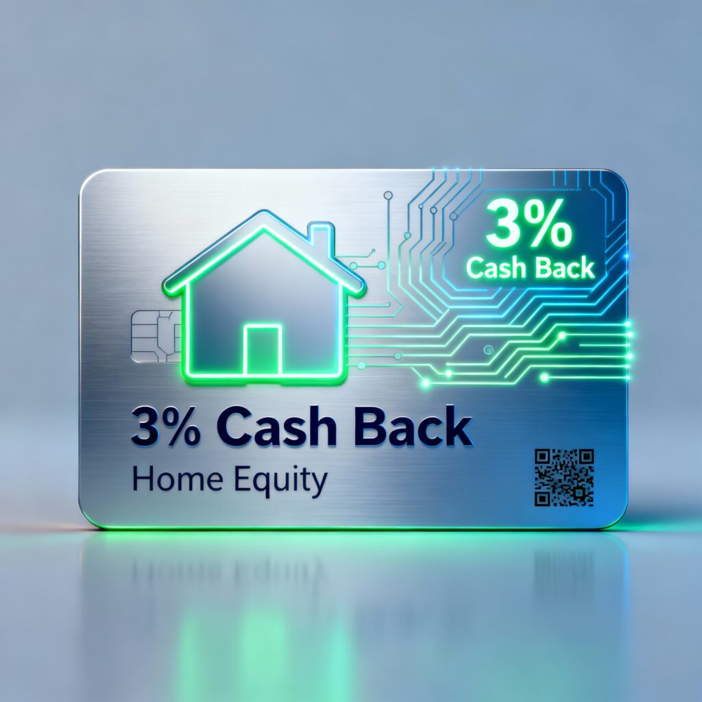 Digital illustration of a credit card displaying 3% cash back, featuring a home equity theme with modern financial and tech elements.