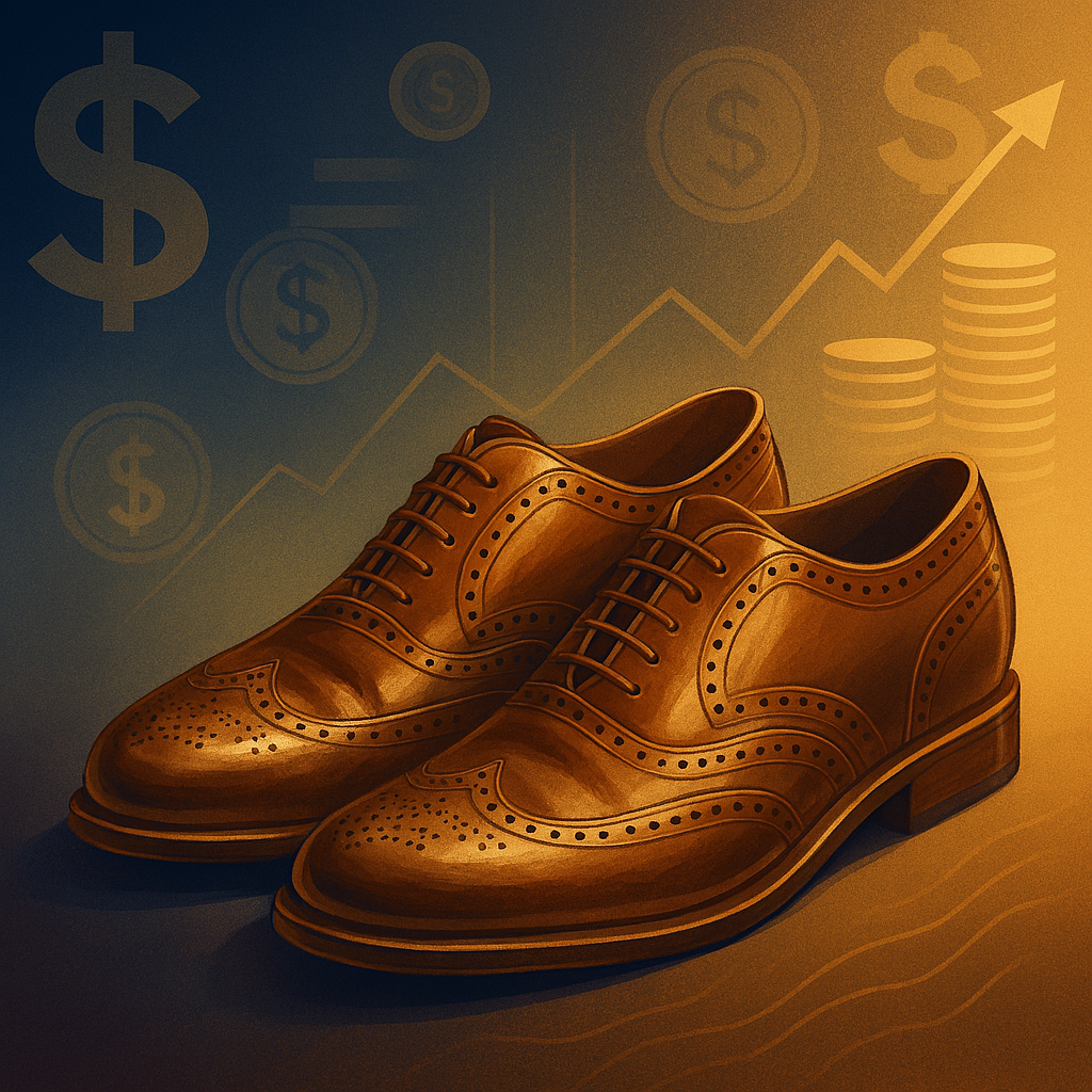 Classic brown leather shoes on a deep blue to gold gradient background with subtle gold financial symbols, symbolizing investment lessons and learning from mistakes.