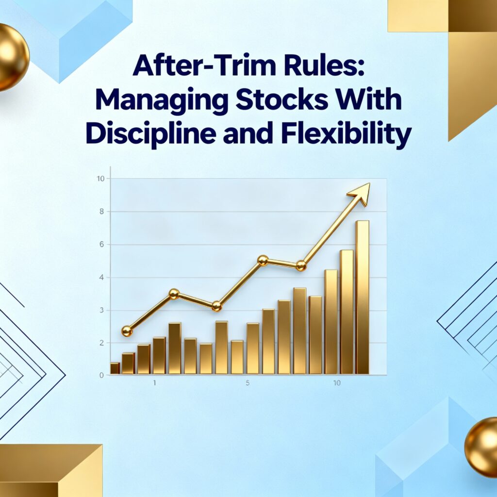 Professional finance blog feature image with blue and gold accents showing upward trending stock chart lines and modern geometric design, titled 'After-Trim Rules: Managing Stocks With Discipline and Flexibility'