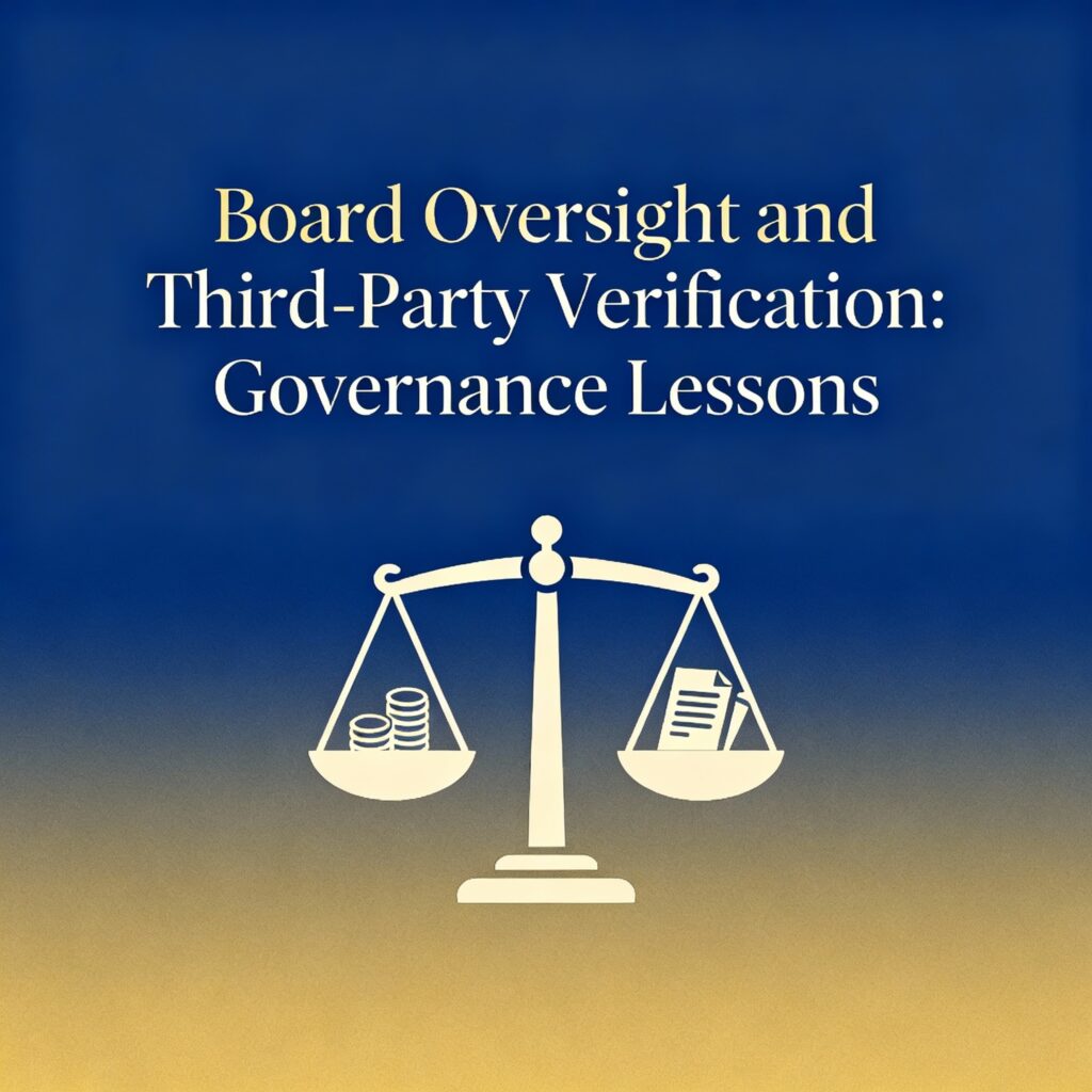 The image features a minimalistic balance scale symbol, representing the concepts of check and balance, with subtle financial icons on each side. The background transitions smoothly between blue and gold tones, symbolizing trust, wealth, and professionalism. The title overlay reads "Board Oversight and Third-Party Verification: Governance Lessons," emphasizing the themes of governance, due diligence, and oversight in a clean, elegant font.