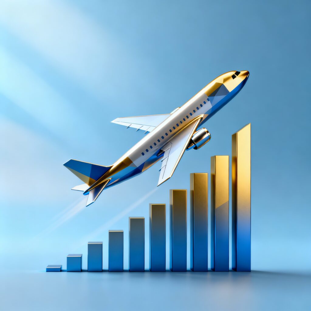 A stylized airplane ascending over a rising financial bar chart, depicted in blue and gold tones, symbolizing upward financial growth and aspiration.