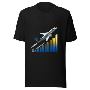 Black unisex staple t-shirt featuring the Flight To Wealth ascending airplane and bar chart graphic, printed on premium Bella + Canvas 3001 fabric