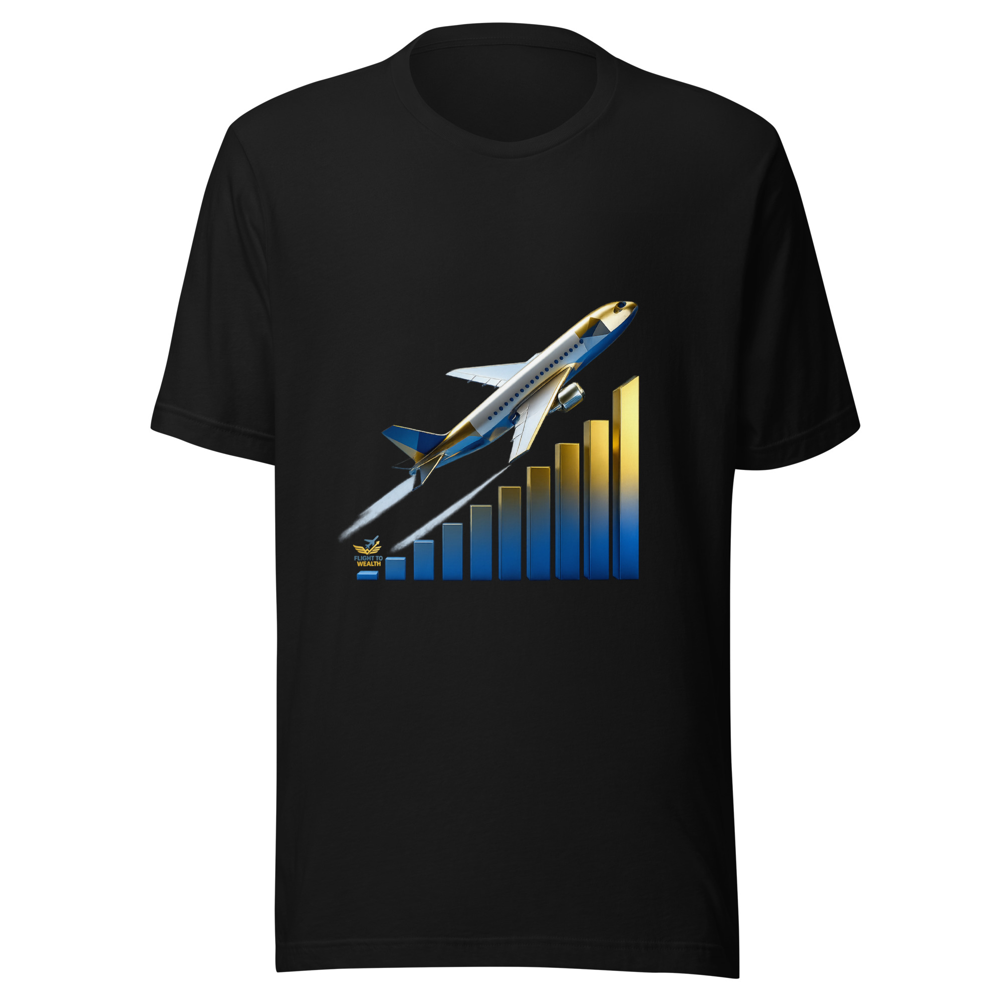 Black unisex staple t-shirt featuring the Flight To Wealth ascending airplane and bar chart graphic, printed on premium Bella + Canvas 3001 fabric