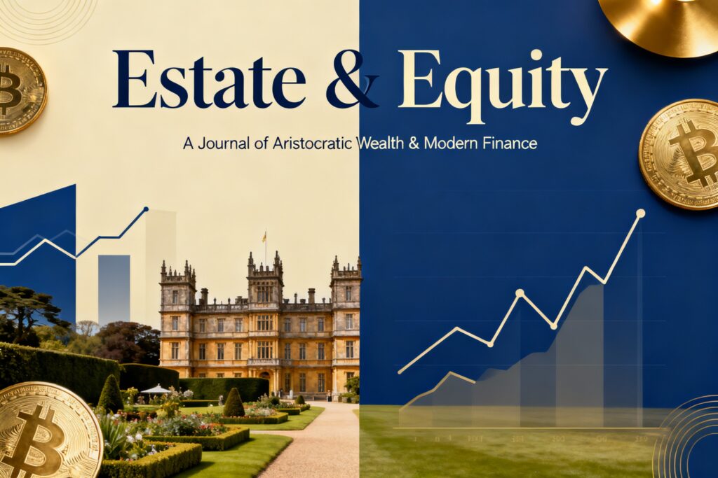 Elegant illustration of a grand English estate blended with modern financial icons, highlighted in blue and gold accents, representing timeless wealth management lessons from Downton Abbey.