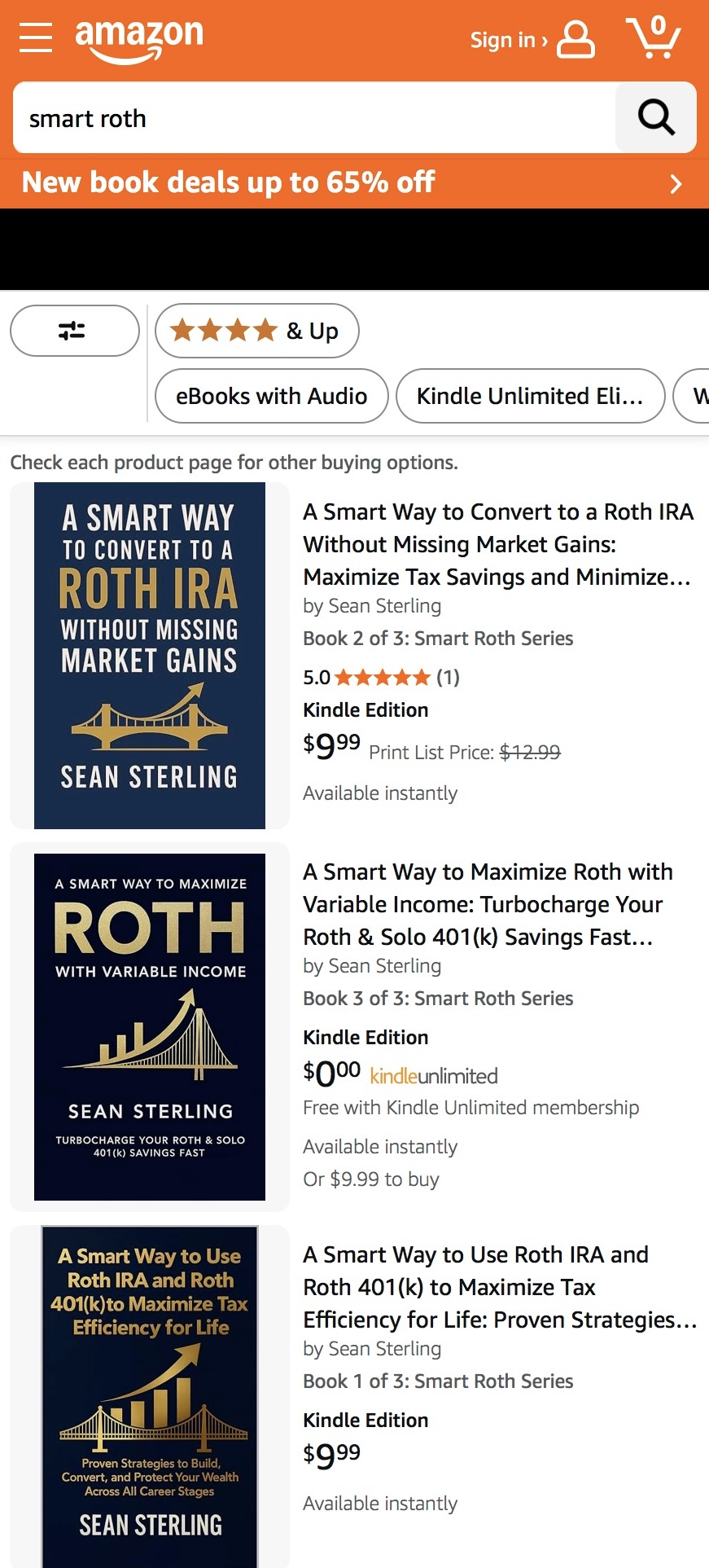 Amazon mobile search results for 'smart roth' showing all three Smart Roth Series books by Sean Sterling at the top