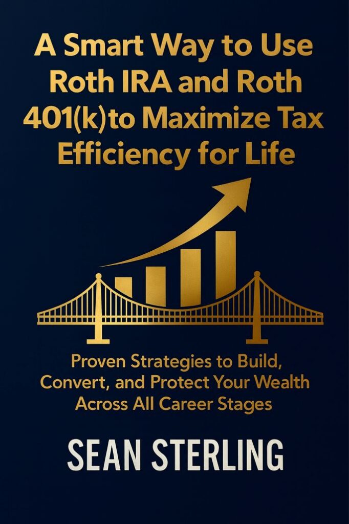 A Smart Way to Use Roth IRA and Roth 401(k) to Maximize Tax Efficiency for Life book cover showing a gold upward‑trending bar chart and bridge on a dark blue background, subtitle ‘Proven Strategies to Build, Convert, and Protect Your Wealth Across All Career Stages,’ by Sean Sterling.