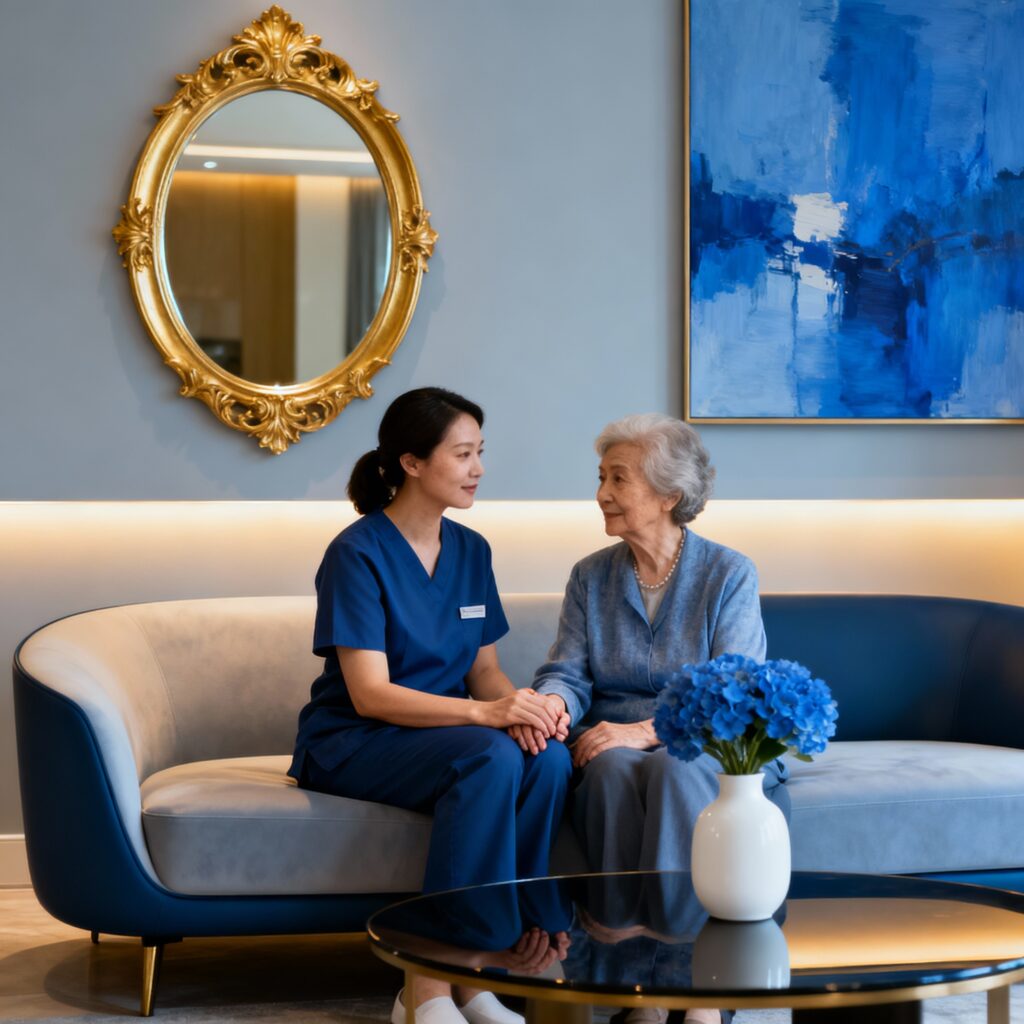 a caregiver and an elderly woman sitting together on a modern blue and white sofa in a warmly lit room. The setting features elegant decor, including a gold-framed mirror and a blue abstract painting on the wall. The caregiver, dressed in blue scrubs, is holding the elderly woman’s hand, conveying empathy and support. A vase with blue flowers sits on a glass table in the foreground, adding to the serene and welcoming atmosphere.