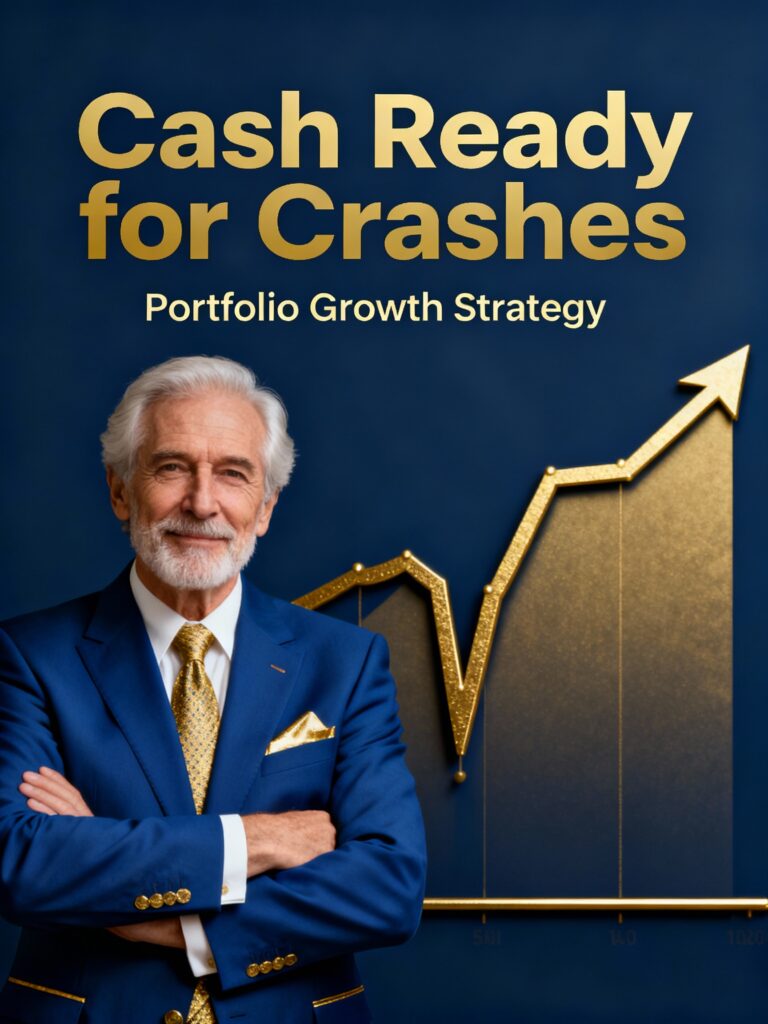 Handsome older man in a blue suit, gold accents, bold gold text 'Cash Ready for Crashes' and subtitle 'Portfolio Growth Strategy,' elegant gold financial chart line showing a sharp drop (crash) followed by a strong recovery, dark blue background.