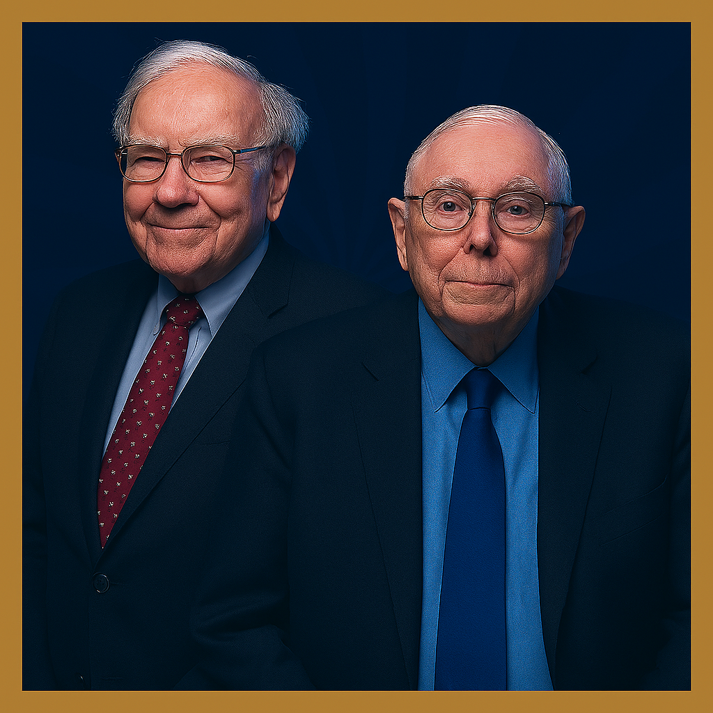 Square portrait of Warren Buffett and Charlie Munger against a deep blue background with subtle radial lines and a gold border. Buffett, on the left, wears glasses, a dark suit, light blue shirt, and red tie with white dots, smiling gently. Munger, on the right, wears glasses, a dark suit, light blue shirt, and solid blue tie, with a calm, serious expression. Both are elderly men depicted from the chest up, facing slightly left.