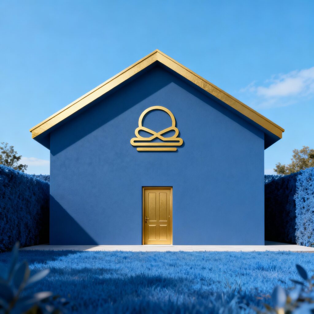 A minimalist home with a blue sky and blue-toned yard, featuring gold accents on the roofline and front door, symbolizing peaceful living.