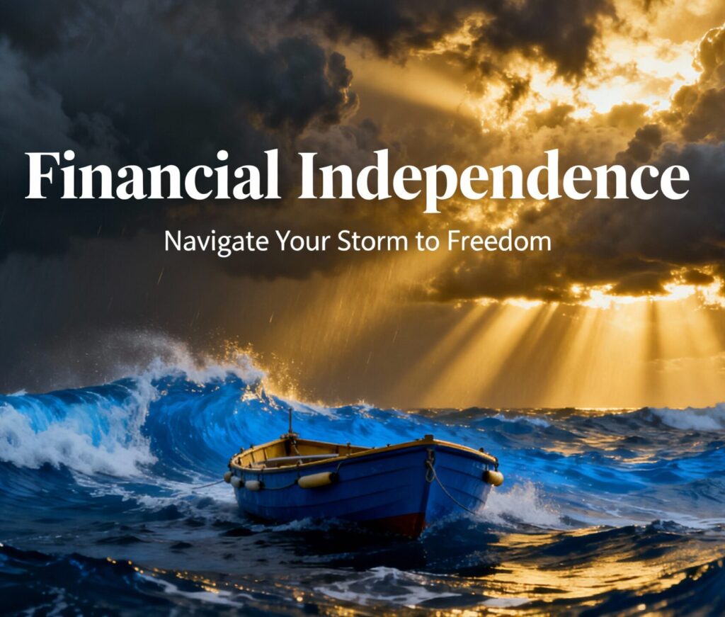 Blue ocean waves with a lifeboat and golden light rays breaking through dark clouds, symbolizing financial independence and resilience during adversity.