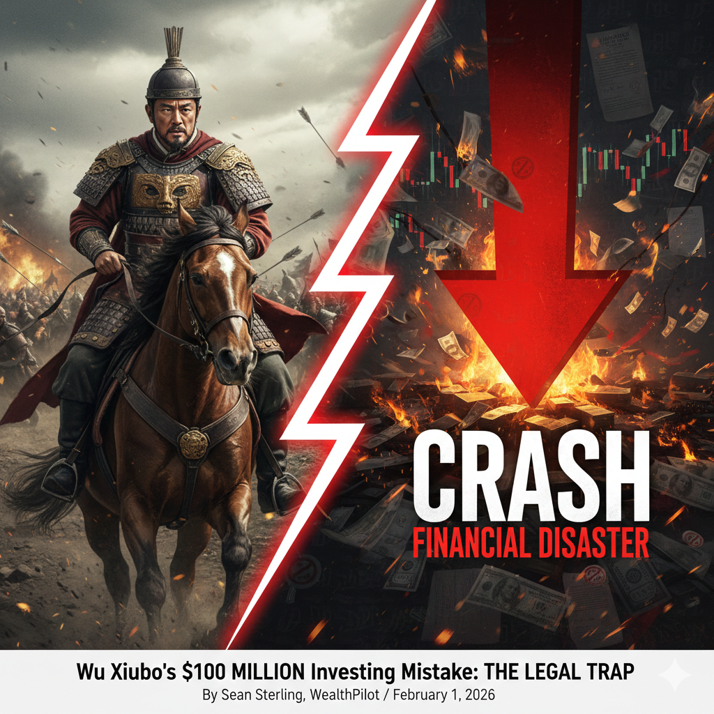 Split-screen image showing an ancient Chinese general in ornate armor riding a horse through a chaotic battlefield on the left, contrasted with a red financial crash graphic on the right. The right side features a large downward arrow, burning money, financial documents, and stock market charts. Overlaid text reads: âCRASH FINANCIAL DISASTER,â âWu Xiuboâs $100 MILLION Investing Mistake: THE LEGAL TRAP,â and âBy Sean Sterling, WealthPilot / February 1, 2026.â The composition symbolizes the dramatic rise and fall of an ambitious investment.