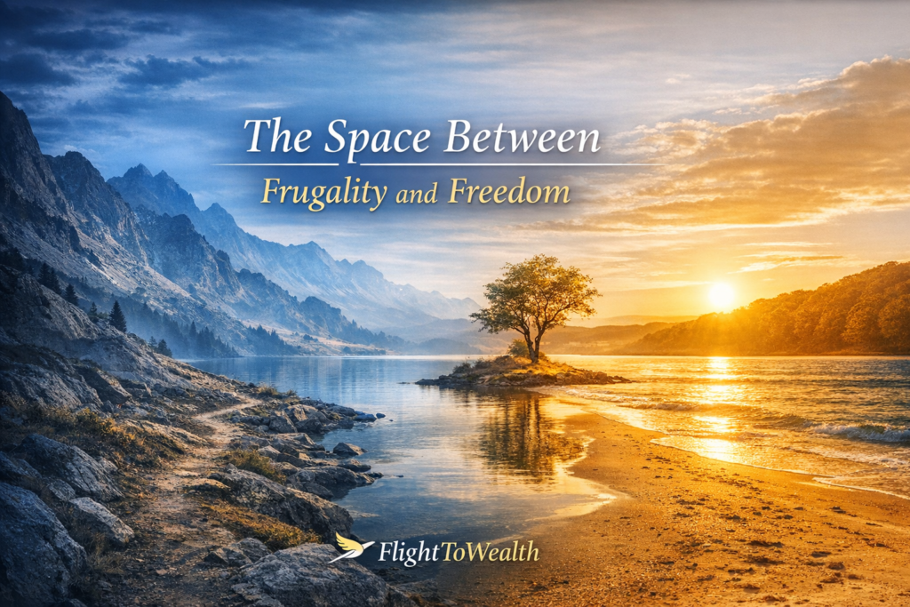 A blue‑and‑gold abstract landscape blending cool mountains and warm light, symbolizing the middle ground between frugality and freedom.