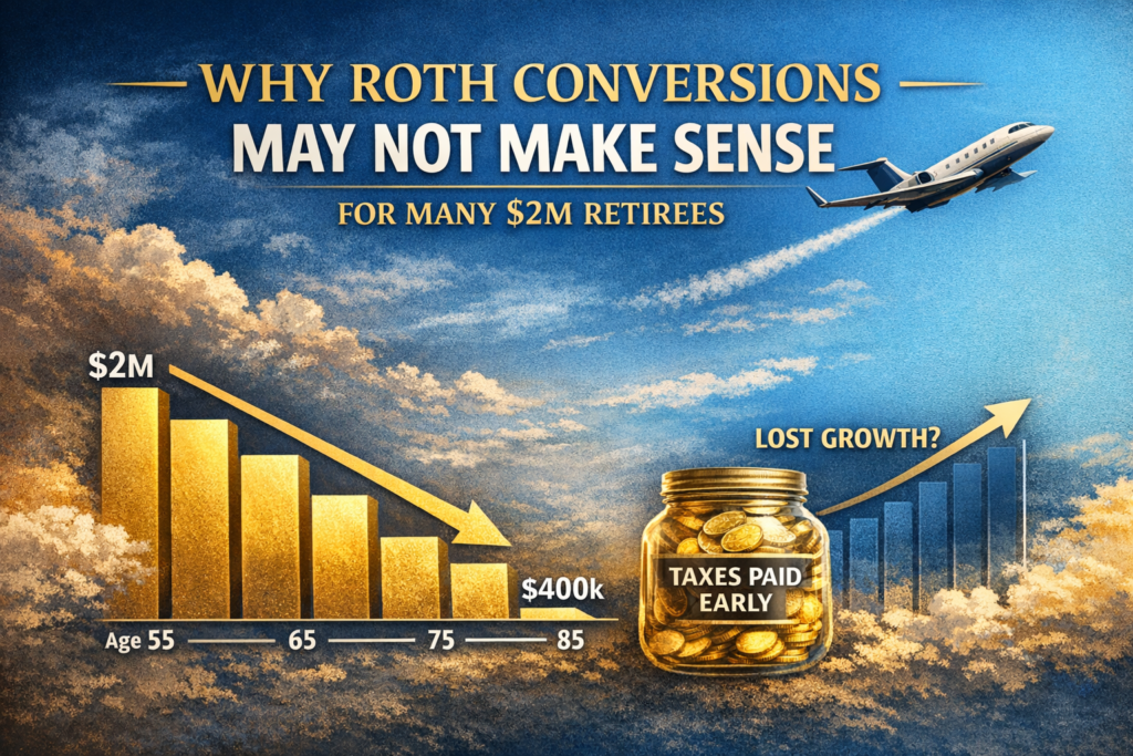 A financial infographic showing how a $2 million pretax IRA can naturally decline from age 55 to age 85, alongside visuals of taxes paid early and lost investment growth, illustrating why Roth conversions may not always benefit $2M retirees.