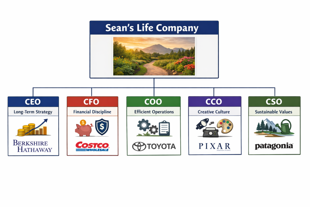 Organizational chart titled “Sean’s Life Company” showing five executive roles: CEO (Berkshire Hathaway for long-term strategy), CFO (Costco for financial discipline), COO (Toyota for efficient operations), CCO (Pixar for creative culture), and CSO (Patagonia for sustainable values). Each role is represented with a company logo and icon, connected to the central company box above a garden path image.