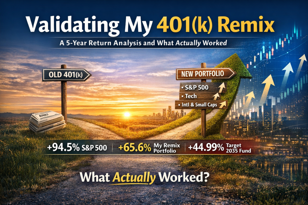 Split-path illustration showing a financial journey from an old 401(k) with bond drag to a new portfolio with S&P 500, tech, and international/small-cap exposure. Includes performance stats for S&P 500 (+94.5%), remix portfolio (+65.6%), and Target 2035 fund (+44.99%), with upward arrows and a city skyline representing growth.