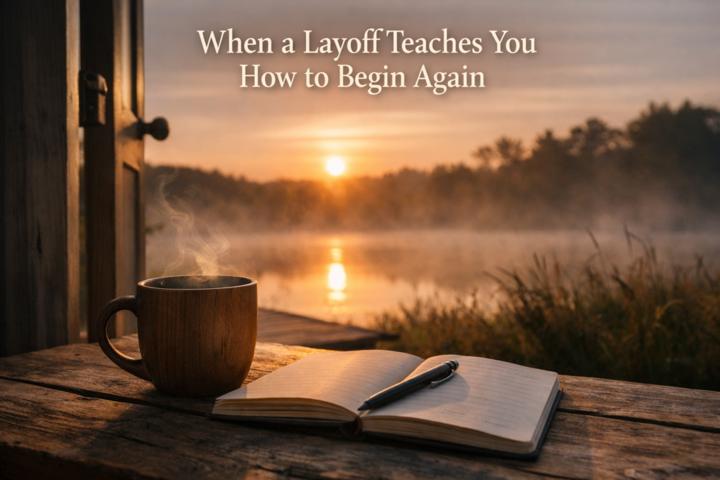 Steaming mug and open notebook by a sunrise lake, representing reflection and a new beginning after a layoff.