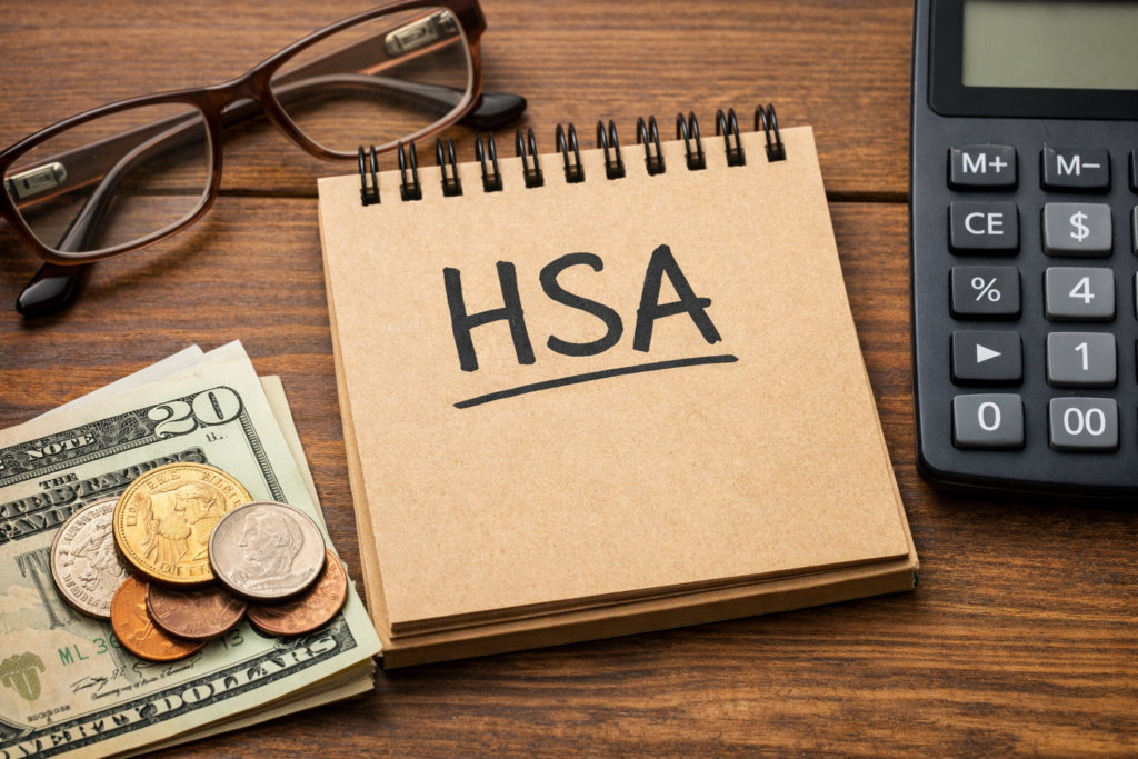 Notebook labeled HSA beside cash, coins, glasses, and a calculator on a wooden desk