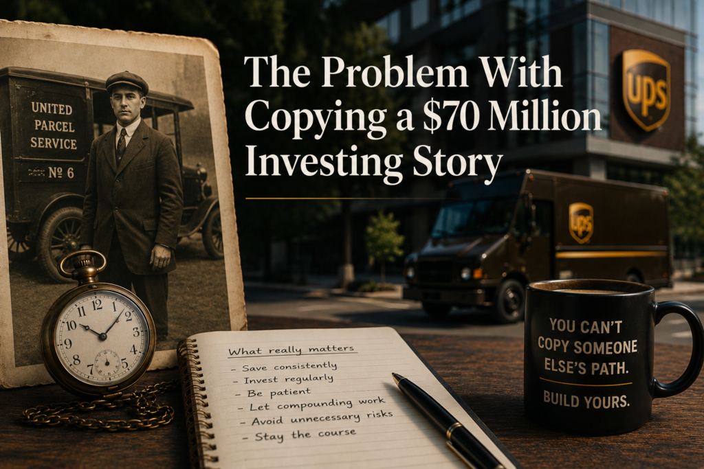Vintage portrait of an early UPS worker beside a pocket watch, contrasted with a modern UPS truck and building, with a notebook of investing principles and a mug reading “You can’t copy someone else’s path.”