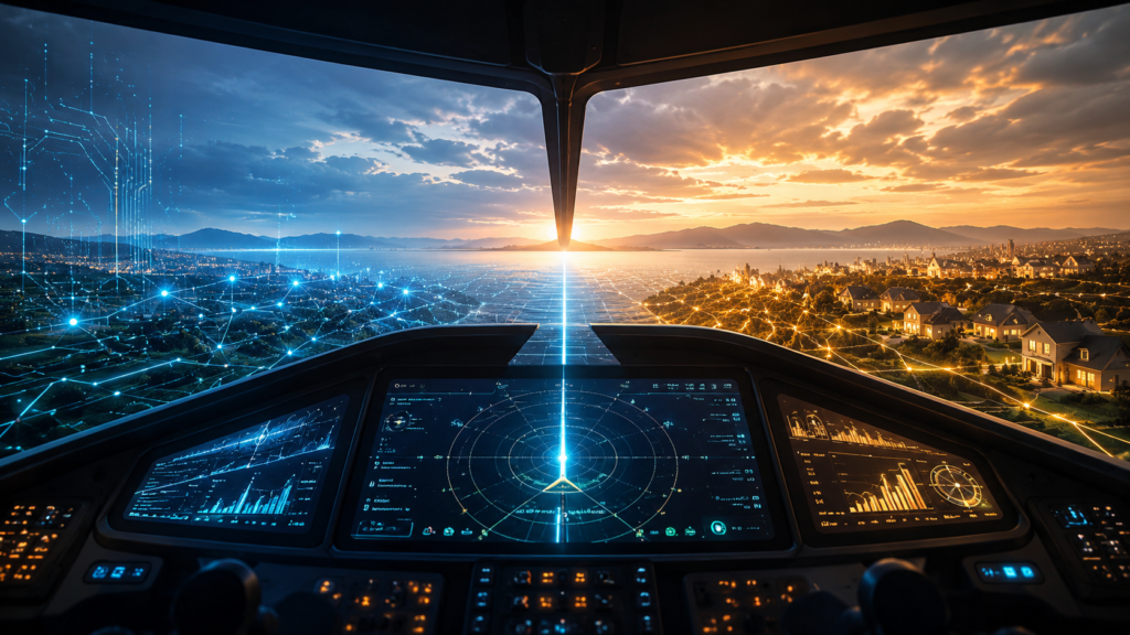 An abstract flight navigation display balancing AI automation with human stability, symbolizing a middle path for the future of work.