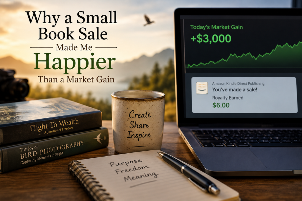 Book sale notification on a laptop next to books and a notebook, illustrating how creative fulfillment can feel more meaningful than financial gains.