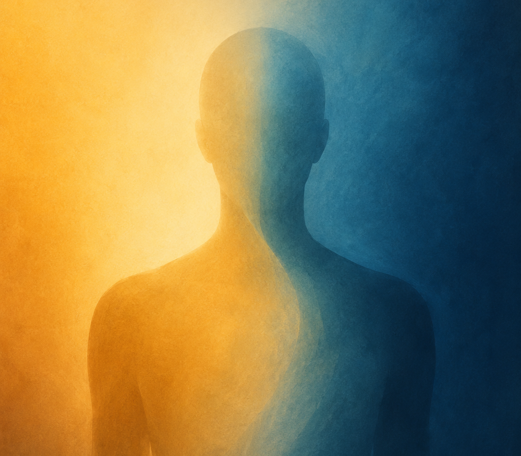 minimalist abstract art of a single human silhouette split into two overlapping halves, one in warm gold tones and one in cool blue tones, soft gradient background blending gold to blue.