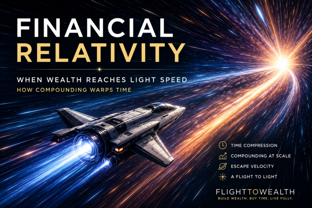 A spacecraft approaching light speed, symbolizing financial relativity, compounding, and time compression in long-term investing.