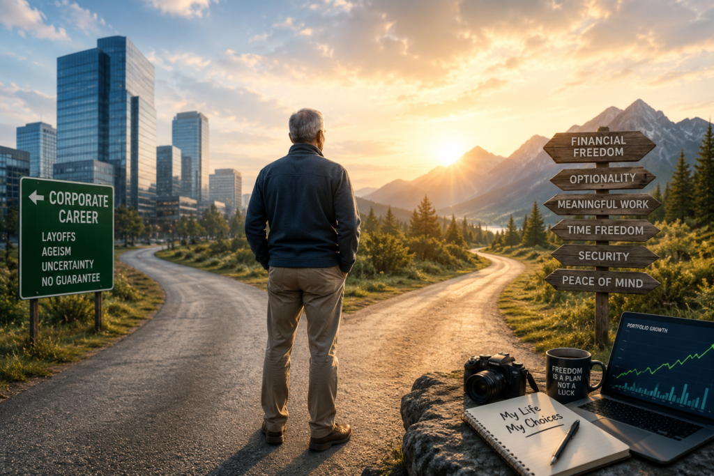 Professional standing at a crossroads between a corporate career path and financial independence, symbolizing preparation for layoffs, ageism, and career uncertainty through long-term investing.