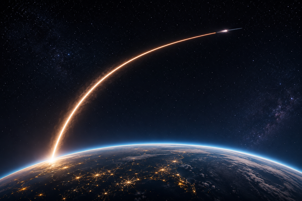 A spacecraft leaves a glowing arc across space above Earth, symbolizing long-term investing, compounding, and the importance of trajectory over short-term events.