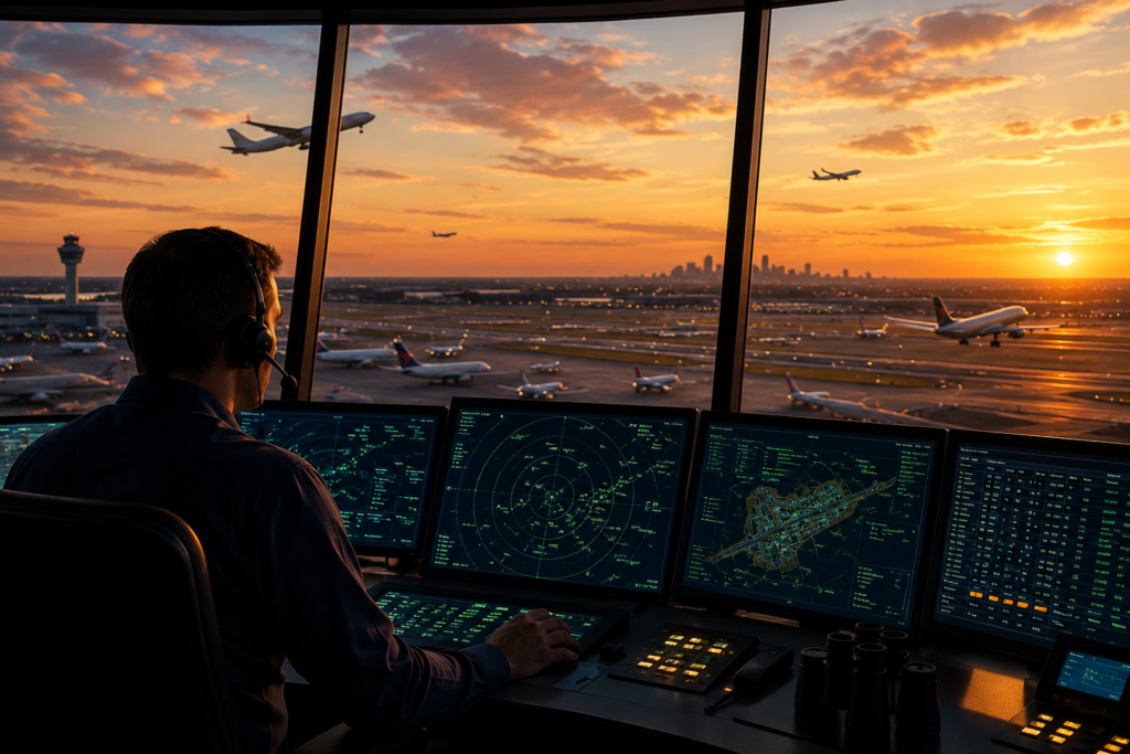 An air traffic controller monitoring multiple aircraft from a control tower, representing awareness, discipline, and long-term investing.