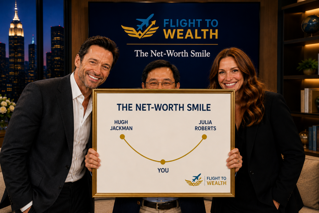 Illustration of the Net-Worth Smile concept showing an investor holding a chart between Julia Roberts and Hugh Jackman to illustrate how financial comparisons change perspective.