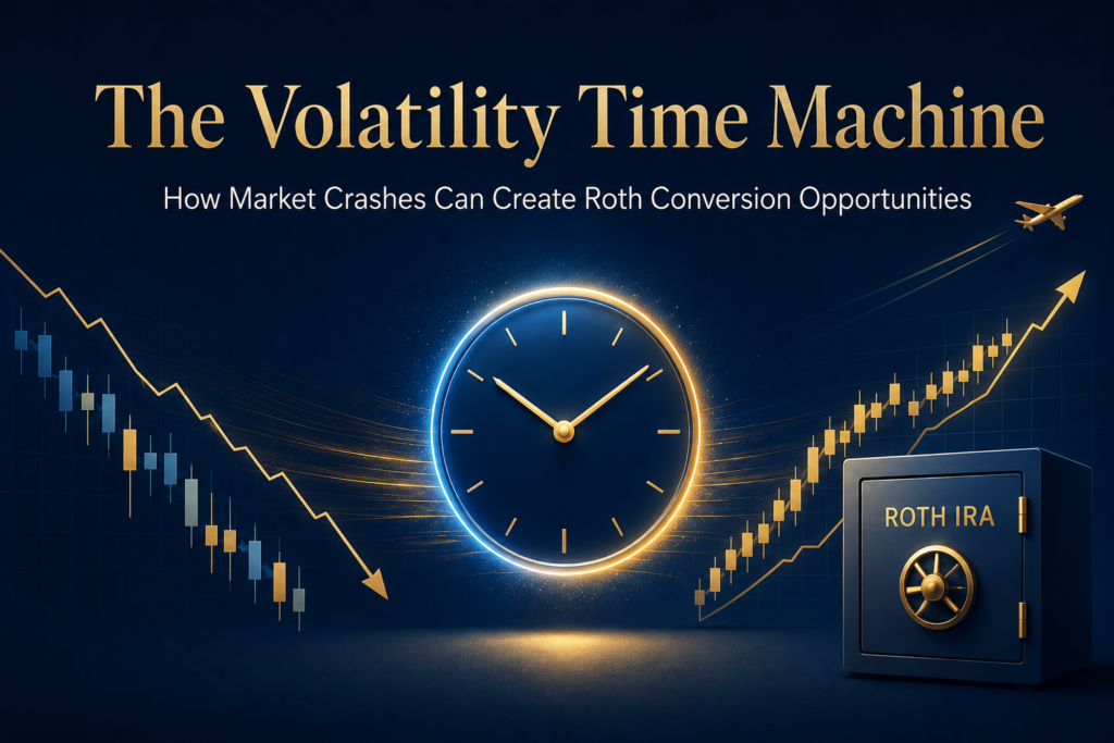Gold and blue illustration showing a market decline passing through a glowing clock into a Roth IRA growth opportunity.